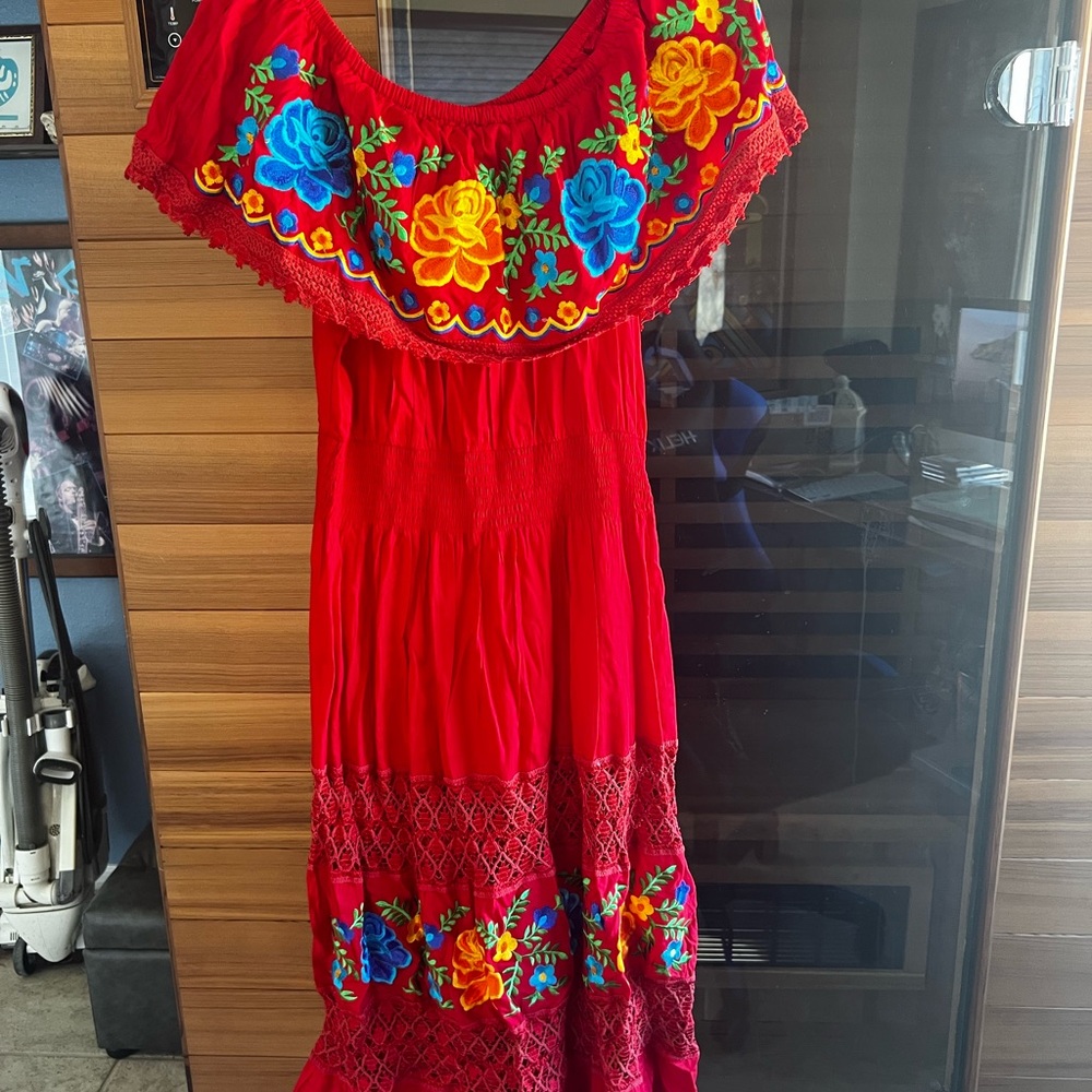 Vibrant Red Maxi Dress with Floral Embroidery